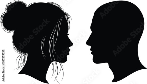 Side profile silhouettes of a beautiful woman with a messy bun and a handsome man facing each other on white background.