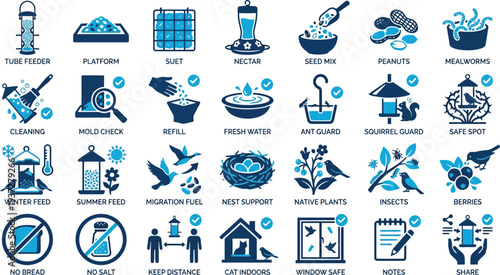 Collection of bird feeding and care icons for backyard birdwatching enthusiasts