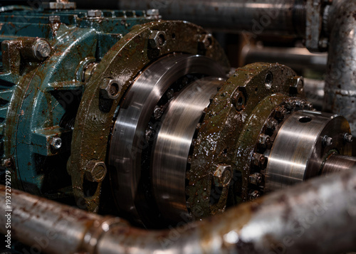 Complex machinery covered in dark grease, suitable for industrial, mechanical, and engineering concepts in design projects, presentations, and advertisements.