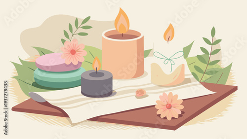 Spa wellness still life with candles soap flowers and herbal leaves relaxing aromatherapy and self care spa treatment illustration