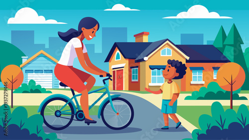 Woman riding bicycle past child on suburban street with houses and trees friendly neighborhood outdoor lifestyle illustration