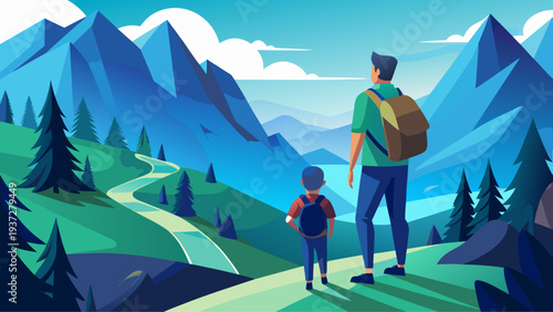 Father and son hikers with backpacks standing on mountain trail looking at scenic valley adventure travel and family exploration illustration