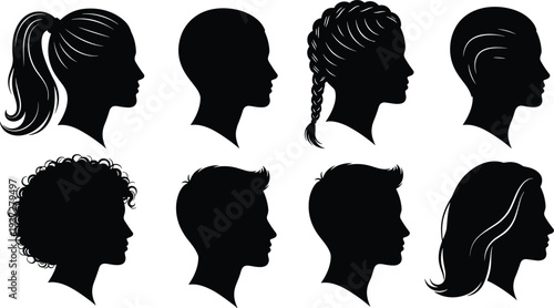 Set of eight diverse male and female head profile silhouettes with different hairstyles and haircuts isolated on white background for design.