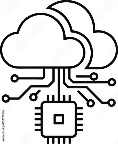 Cloud computing AI processor icon, digital data network technology with smart microchip system vector line illustration concept