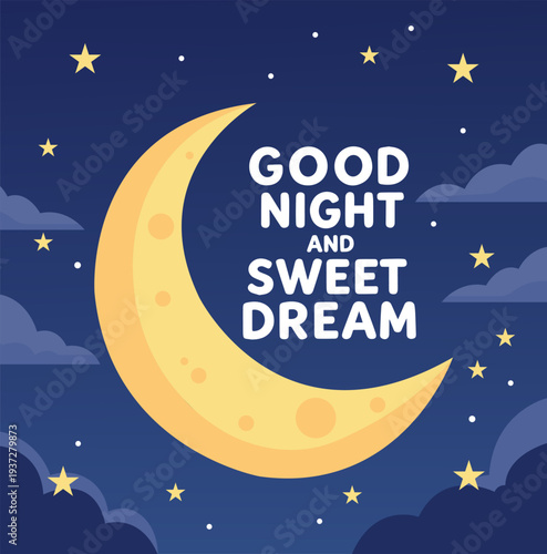 Good night sweet dream text illustration with moon stars and cloud on blue night sky vector background