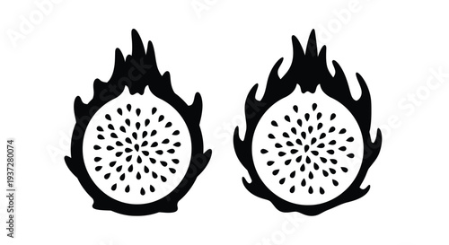 Two dragon fruits displayed in a striking black silhouette