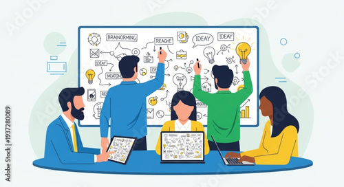 Team of professionals collaborating on a project at a meeting.