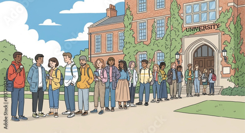 Long Queue of People Waiting Outside Building.