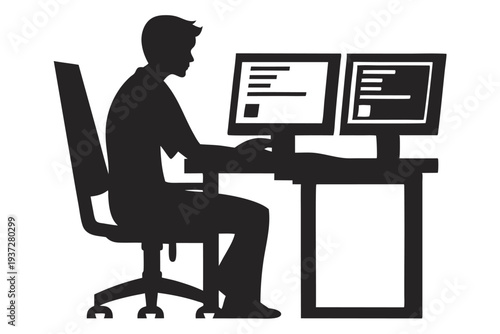 Vector Silhouette: Focused Male Developer Working on Computer, Digital Innovation Idea