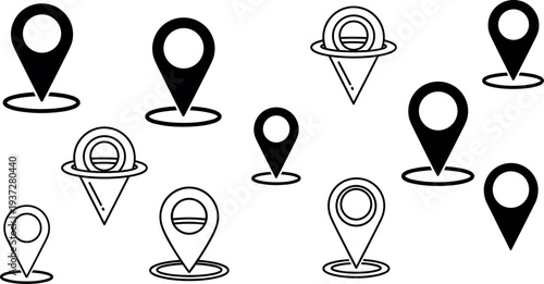 Location pin icons collection, map marker navigation symbols, GPS pointer destination vector illustration set