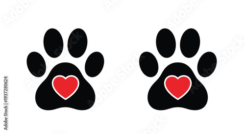 Two black paw prints with red hearts a loving animal silhouette