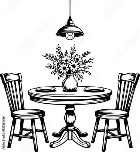 Round wooden table with four chairs and a vase of flowers under a hanging light round table