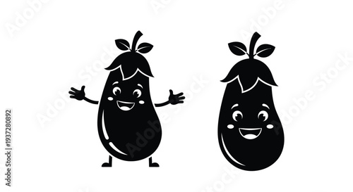 Two cheerful eggplant characters in a bold black silhouette