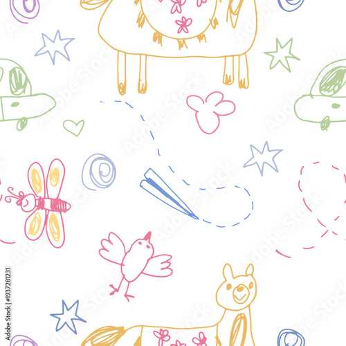 Cute hand-drawn seamless pattern, kids drawing. Scribble doodle sketch, endless background, vector illustration for textile, fabric, wrapping.
