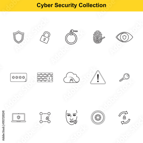 Cyber security line icons depict protection methods like passwords, shields, and biometric.