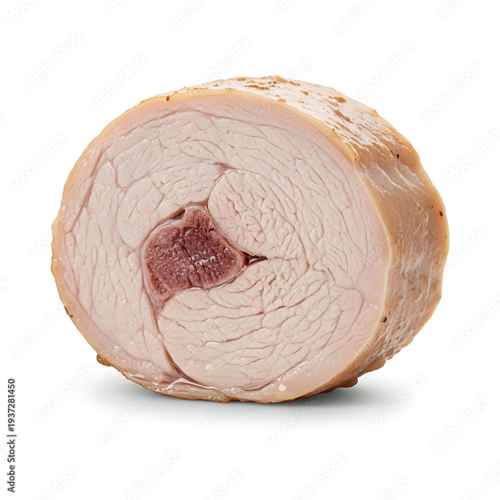 Obraz premium Delicious cooked turkey roll slice, seasoned and ready to eat, presented on a clean white background, showcasing its succulent texture