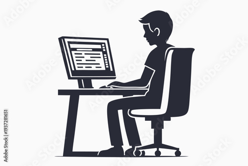 Modern Vector Silhouette of a Young Male Coder Working on Computer, Digital Innovation