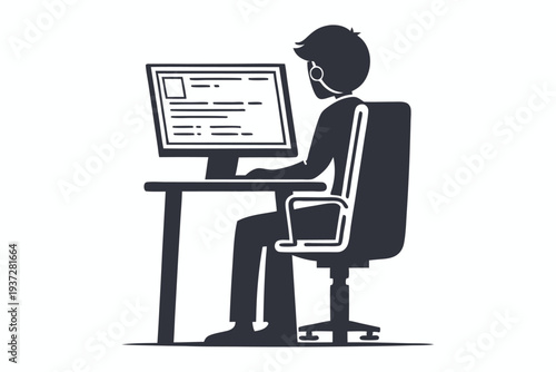 Silhouette Illustration of Young Male Programmer Coding on Laptop, Tech Development Concept