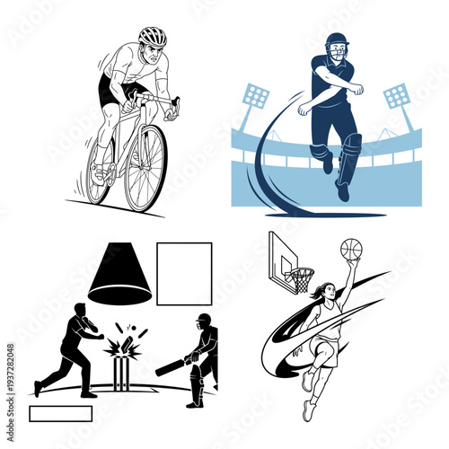 Sport icon bundle with cyclist cricket action and basketball