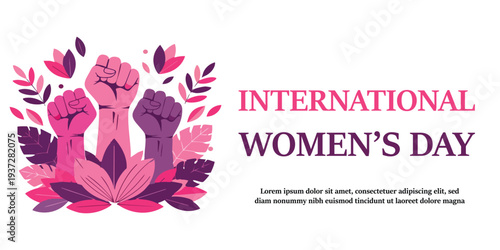 International Women's Day vector illustration with fists and flowers