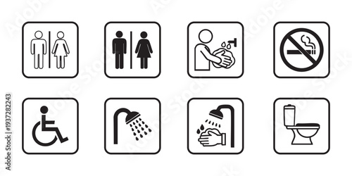 Set of 8 black bathroom icons vector