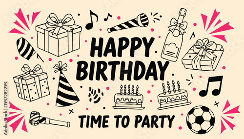 Set of black and white birthday party icons vector