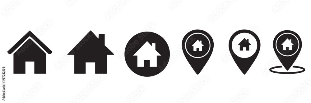 Fototapeta premium Set of 6 black house and map pin icons vector