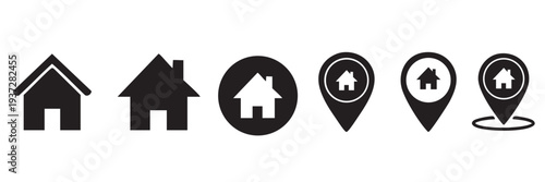 Set of 6 black house and map pin icons vector