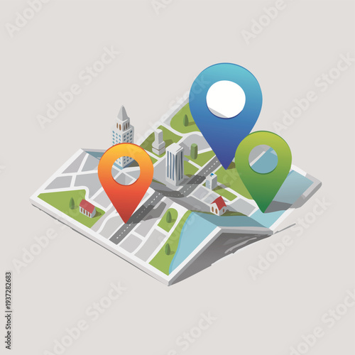 Isometric map with location pins and city buildings