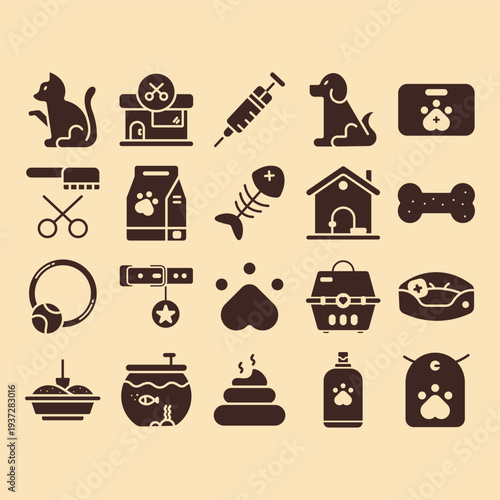 Pet Care Solid Icon Set with Dog and Cat Accessories for Veterinary, Grooming and Pet Shop Vector Illustration