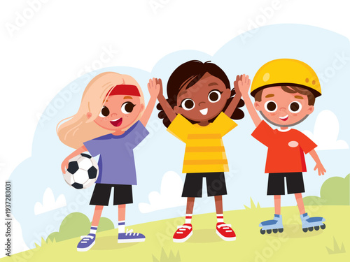 Two little boys, friends, classmates are walking to elementary school by the street with school building in backup, background. White caucasian boys, are walking side by side with backpacks.