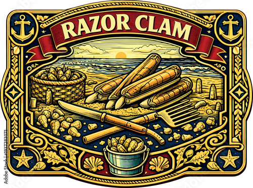 Razor Clam Beach Harvest Vintage Label Vector