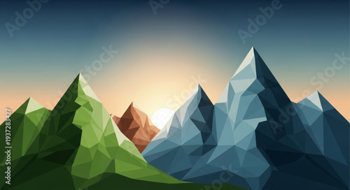 Mountain Landscape with Sunrise Behind Peaks.