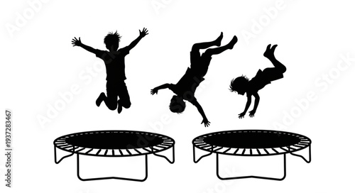 Silhouettes of People Jumping on Trampolines.