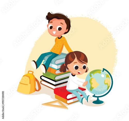 Nerd Geek Brainiac who learning studying a lot. Boy sitting on piles of books. Little girl looking at the globe. Scholar  freshman  sophomore having rest after doing study learning. Back to school.