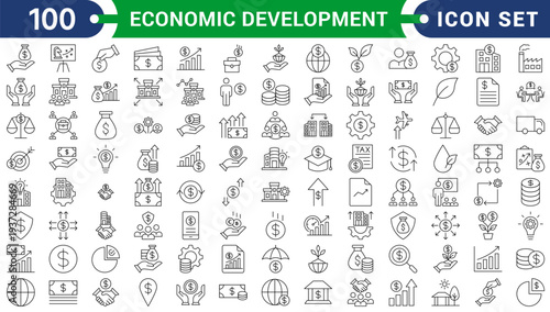 Economic development icon set collection in flat style. Icon pack contains finance, growth, investment, income, wealth, industry, trade, employment, innovation, productivity