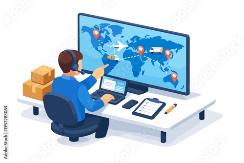 Logistics operator managing global shipping routes on a world map display.