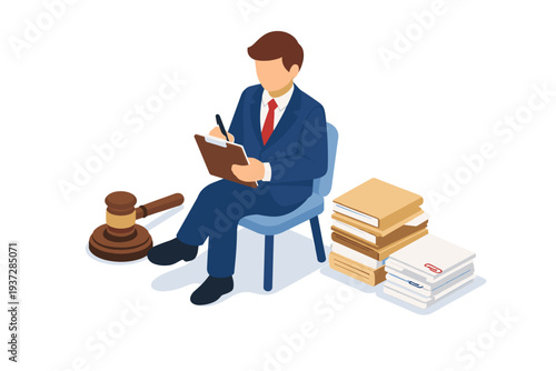 Lawyer sitting on chair writing in book with gavel and books.