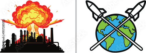 Vector illustrations of a doomsday bunker entrance and a nuclear mushroom cloud over a city, alongside a globe with crossed missiles and refugees fleeing a fire.