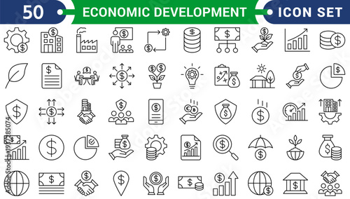 Economic development icon set collection in flat style. Icon pack contains finance, growth, investment, income, wealth, industry, trade, employment, innovation, productivity
