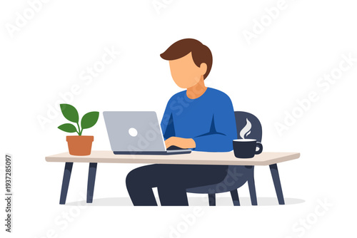 Man working on laptop at desk with coffee and plant.