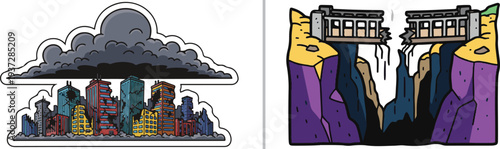 Post-apocalyptic vector set featuring a dark smoke cloud looming over a ruined city skyline and a crumbling, broken bridge spanning a deep, purple-toned canyon.