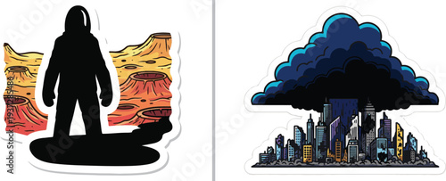 Vector sticker set featuring various explosive blast and smoke cloud effects, a tactical walkie-talkie, satellite communication device, hand-crank radio, and an aviation headset.