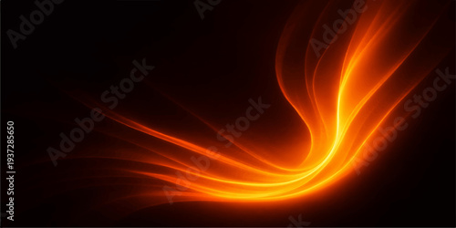 An abstract vector illustration of burning fire flames with a hot orange and yellow glow against a dark black background, featuring motion design and smoke