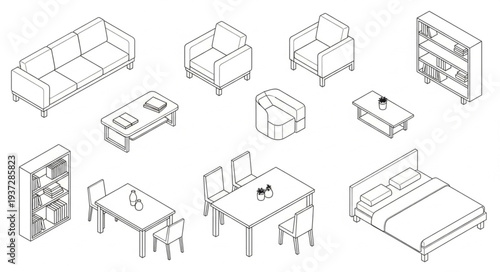 Collection of hand-drawn furniture items in isometric view.