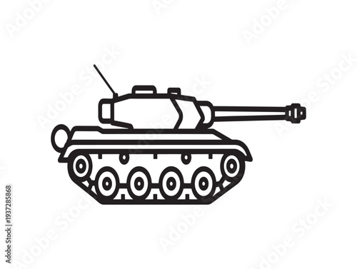 A black and white line drawing of a military tank with a long gun