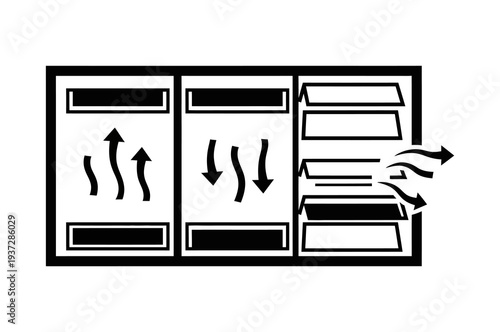 Ventilation and Airflow icon representing fresh air circulation through open windows and vents for a healthy indoor environment