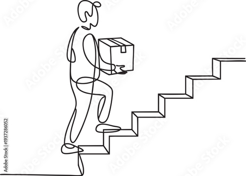 Continuous line drawing of courier carrying heavy cardboard box up stairs for home delivery