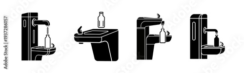 Collection of four black and white illustrations of water fountains with bottles and cups