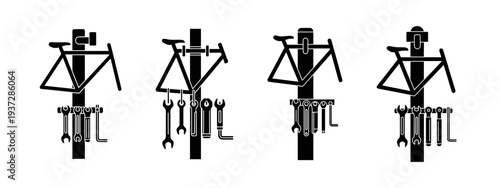 Silhouette icons of bicycles with tools and repair stands, ideal for cycling and workshop themes